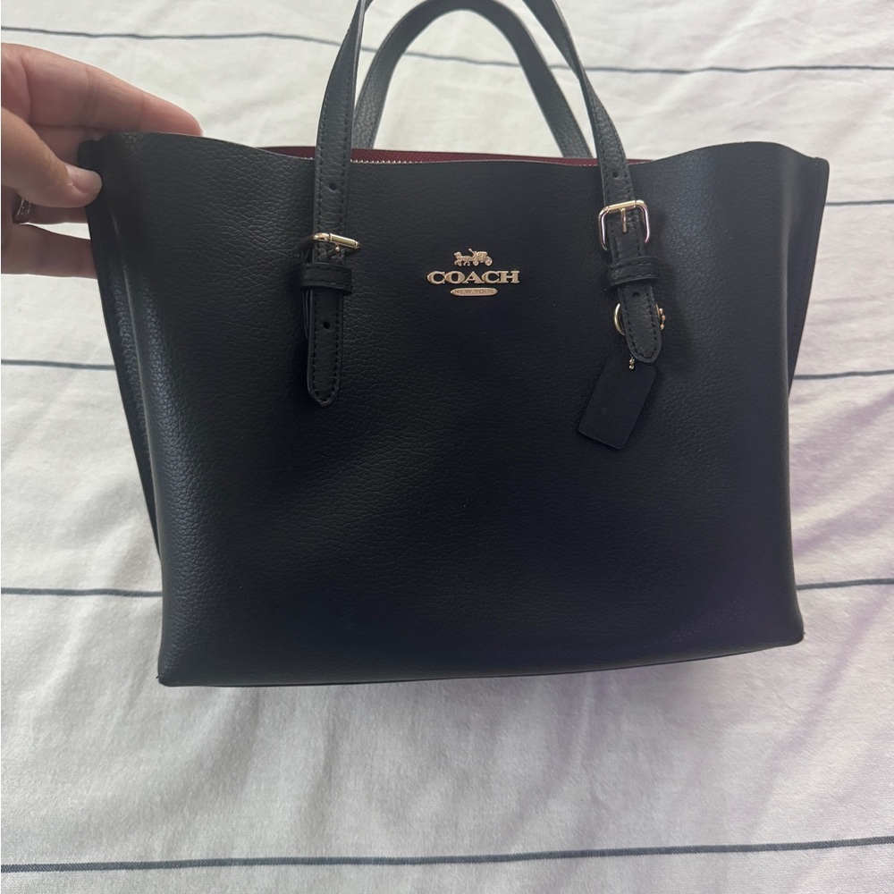 Coach Black Leather City Mini Tote with Red Interior Accent